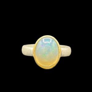Natural Ethiopian Opal Oval Cut 18k Matte Finish Bezel Sterling Silver Ring